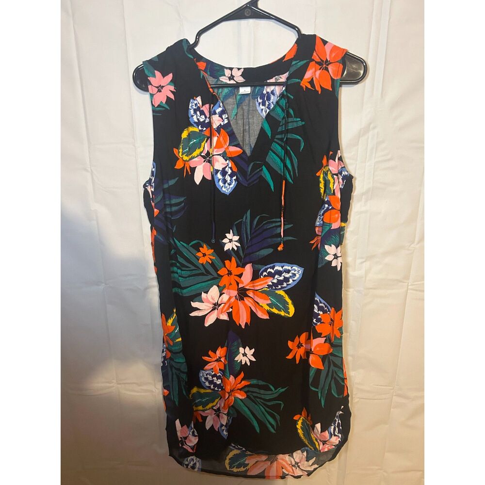 Old Navy Black Floral Sleeveless V-Neck Shift Dress L Tropical Boho Rayon
